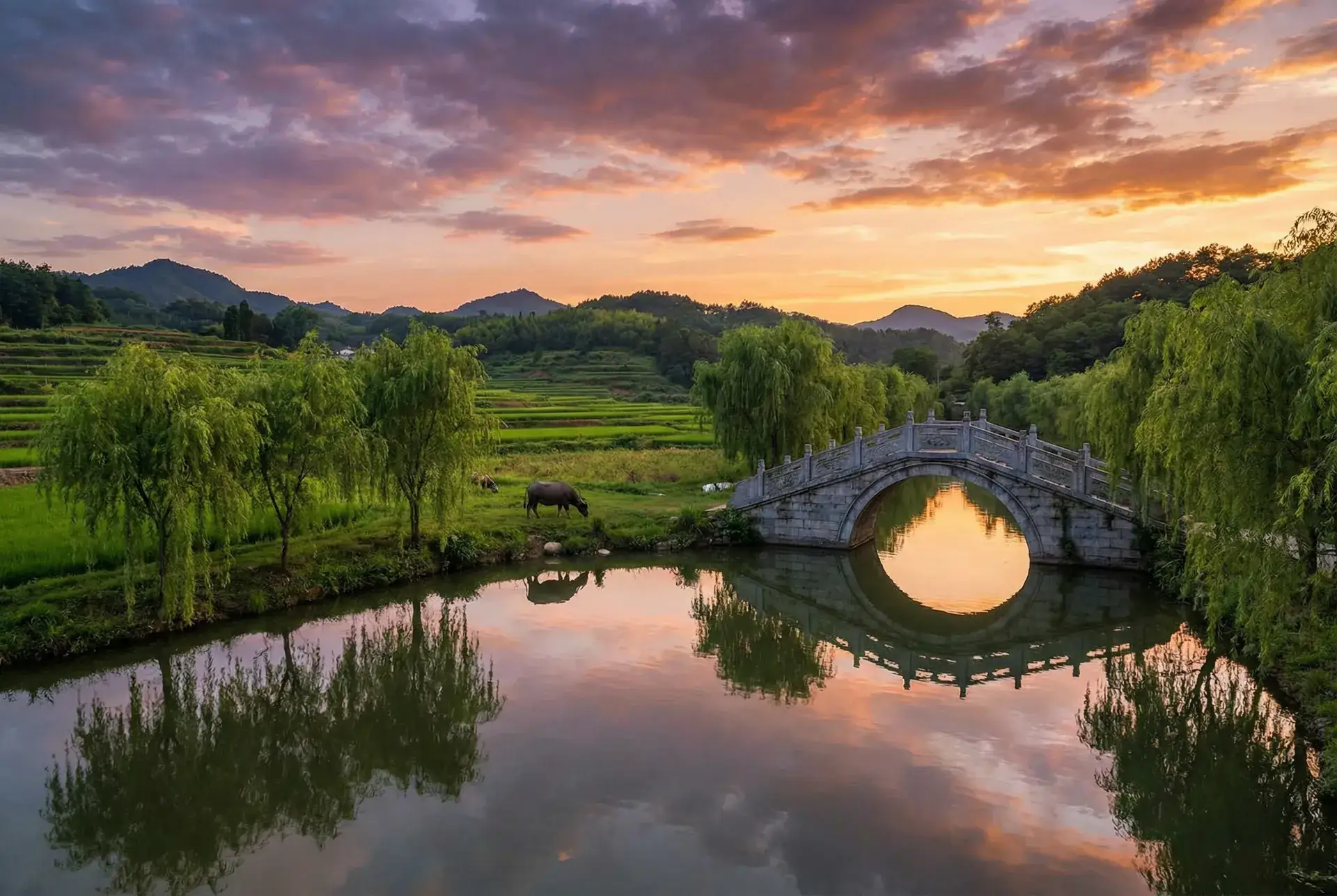 夕阳下的石拱桥与垂柳，水牛在河边吃草 - 爱情岛论坛网址线路提供实用网址 乡村美景